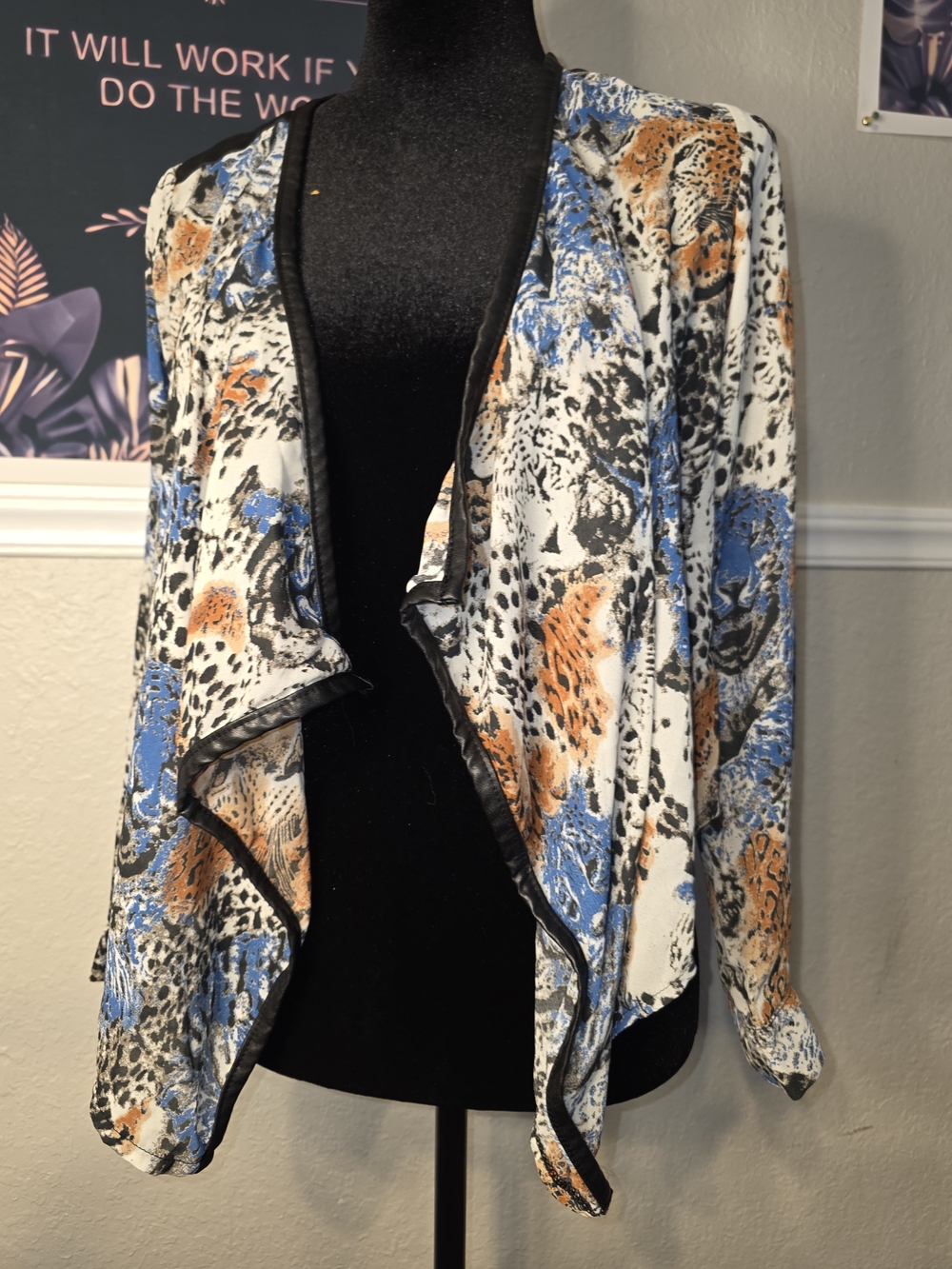 36 Point 5 Printed Open-Front Drape Jacket in Blue, Orange & Black